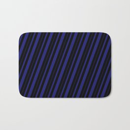 [ Thumbnail: Black & Midnight Blue Colored Striped Pattern Bath Mat ]