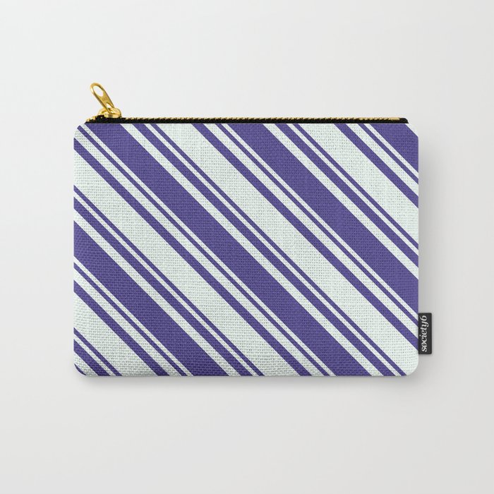 Dark Slate Blue & Mint Cream Colored Stripes/Lines Pattern Carry-All Pouch