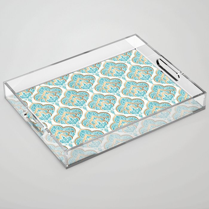 Turquoise Golden Moroccan Baroque Pattern Acrylic Tray