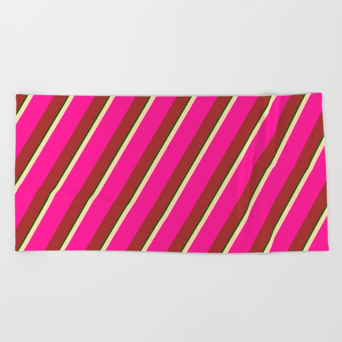 Tan, Deep Pink, Brown & Dark Green Colored Stripes/Lines Pattern Beach Towel