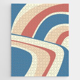 Retro Wavy Lines in Celadon Blue, Yellow, Peach and Salmon Pink Jigsaw Puzzle