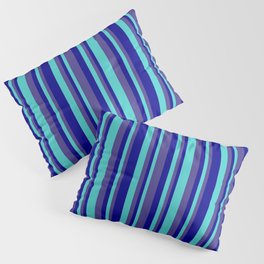 [ Thumbnail: Dark Blue, Dark Slate Blue & Turquoise Colored Pattern of Stripes Pillow Sham ]