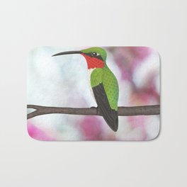 ruby throated hummingbird - male on pink bokeh Bath Mat | Bird, Digital, Popart, Drawing, Rubyred, Branch, Figurative, Rubythroatedhummingbird, Magentapink, Animal 