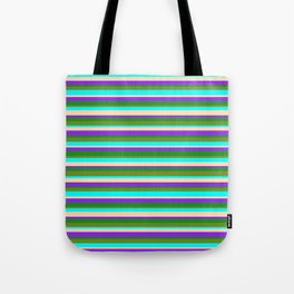 [ Thumbnail: Vibrant Tan, Purple, Forest Green, Green & Aqua Colored Striped/Lined Pattern Tote Bag ]