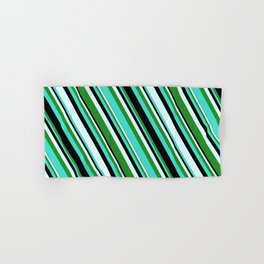 [ Thumbnail: Turquoise, Black, Light Cyan, and Forest Green Colored Stripes Pattern Hand & Bath Towel ]