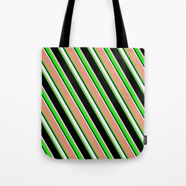 [ Thumbnail: Dark Salmon, Lime, Black & Light Cyan Colored Lines/Stripes Pattern Tote Bag ]