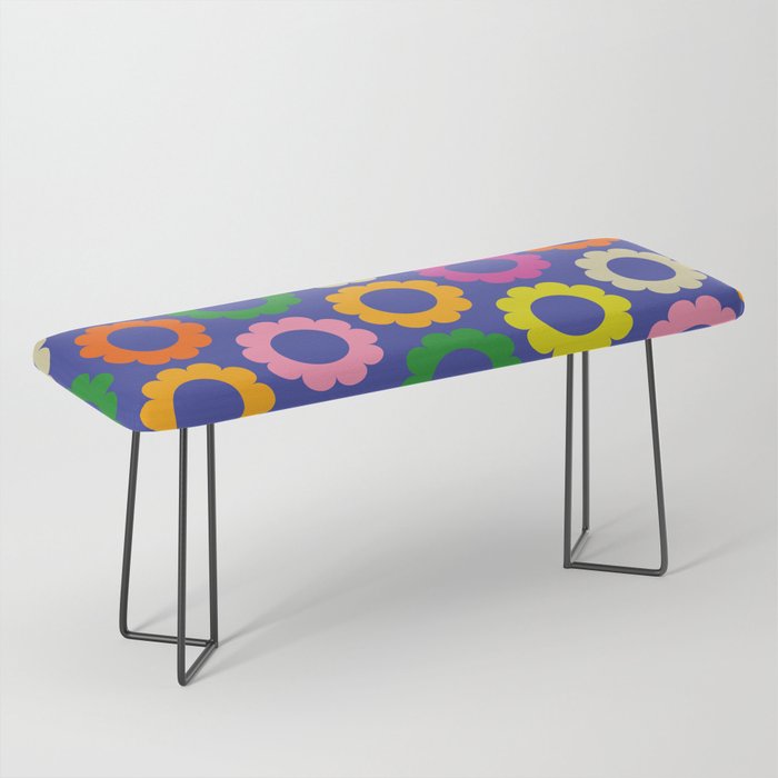 Flower Dots Cute Colorful Simple Retro Contemporary Floral Pattern Blue Bench