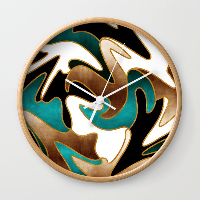 MCM Abstract Watercolor Waves // Gold, Teal, Brown, Black, White Wall Clock