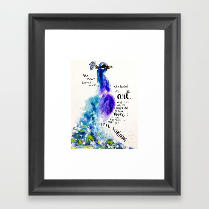 Watercolour Peacock Charles Bukowski quote "She never looked nice..." Framed Art Print
