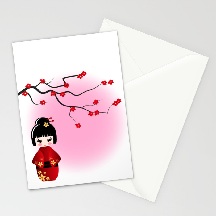 Japanese Kokeshi Doll At Sakura Blossoms Stationery Cards By
