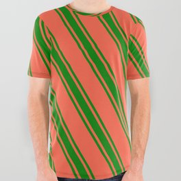 [ Thumbnail: Red & Green Colored Lines Pattern All Over Graphic Tee ]