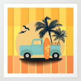 Retro Surfer Pick-up Truck Summer Palm Tree Art Print