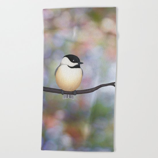 black capped chickadee on a branch Beach Towel