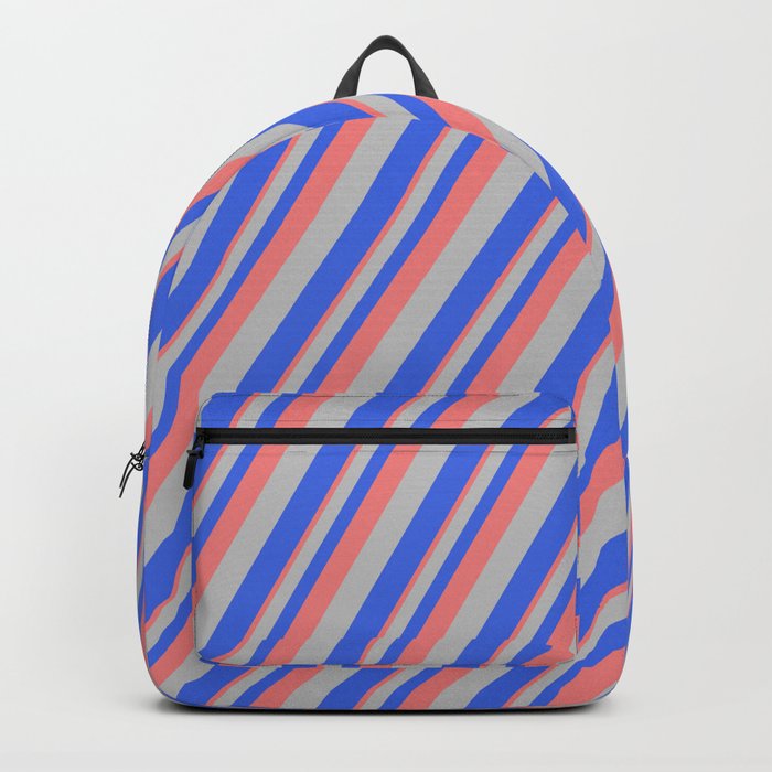 Light Coral, Grey, and Royal Blue Colored Striped/Lined Pattern Backpack