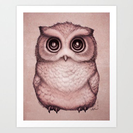 "The Little Owl" by Amber Marine ~ (Peach Fuzz Version) Graphite & Ink Illustration, (c) 2016 Art Print