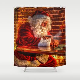 Santa's List 2020, Santa with hot chocolate and Santa's List Shower Curtain