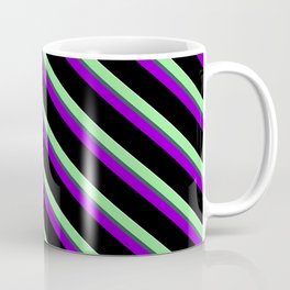 [ Thumbnail: Colorful Light Green, Dark Slate Gray, Dark Violet, Black, and Light Cyan Colored Stripes Pattern Coffee Mug ]