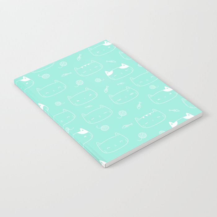 Seafoam and White Doodle Kitten Faces Pattern Notebook