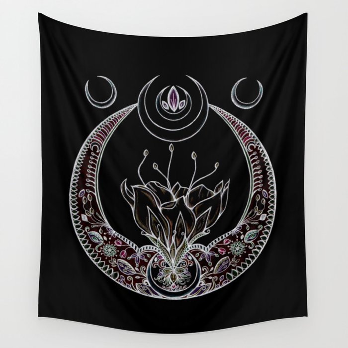 Moon Flower at Midnight in Black and Color Wall Tapestry by Nicole