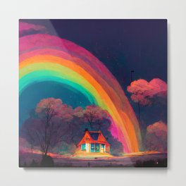 cozy house on a hill Metal Print | Sunset, Painting, Cinematiclighting, House, Rainbow, Ethernal, Magical, Lgbtq, Forest, Cozy 