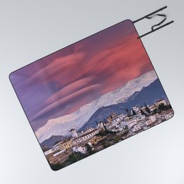 Lenticular clouds at sunset over Granada, The Alhambra, Albaicin village and Sierra Nevada National Picnic Blanket