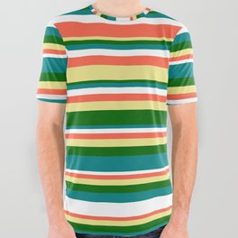 [ Thumbnail: Eyecatching Red, Tan, Dark Green, Teal, and White Colored Stripes/Lines Pattern All Over Graphic Tee ]