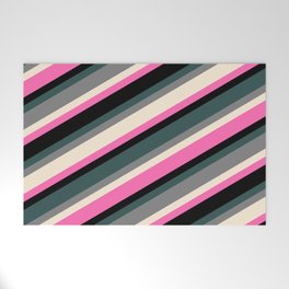 [ Thumbnail: Eye-catching Dark Slate Gray, Grey, Beige, Hot Pink, and Black Colored Lined/Striped Pattern Welcome Mat ]
