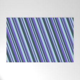 [ Thumbnail: Slate Blue, Dark Slate Gray, and Light Blue Colored Pattern of Stripes Welcome Mat ]