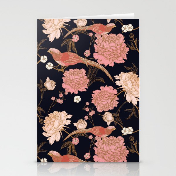 Two Pretty Birds | Chinese Oriental Design | Pink Floral Wildlife |  Stationery Cards