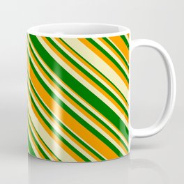 [ Thumbnail: Pale Goldenrod, Dark Green, and Dark Orange Colored Lined/Striped Pattern Coffee Mug ]