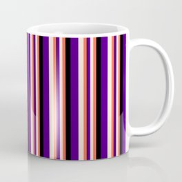 [ Thumbnail: Red, Beige, Indigo, and Black Colored Stripes Pattern Coffee Mug ]
