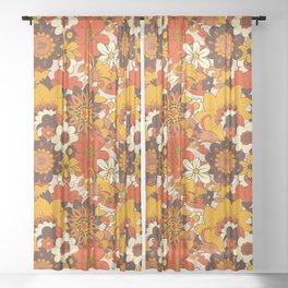 Retro 70s Flower Power, Floral, Orange Brown Yellow Psychedelic Pattern Sheer Curtain