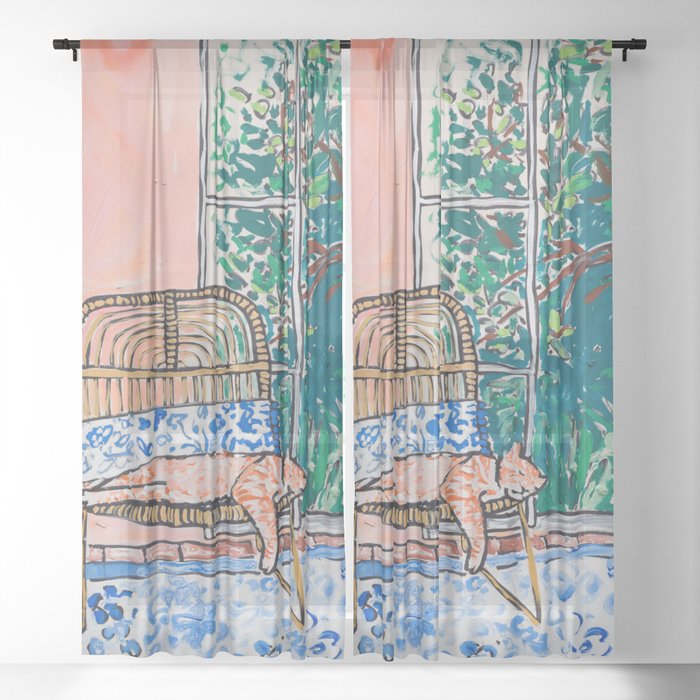 Napping Ginger Cat in Pink Jungle Garden Room Sheer Curtain