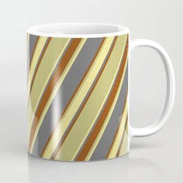 [ Thumbnail: Dim Grey, Brown, Dark Khaki, and Tan Colored Lined/Striped Pattern Coffee Mug ]