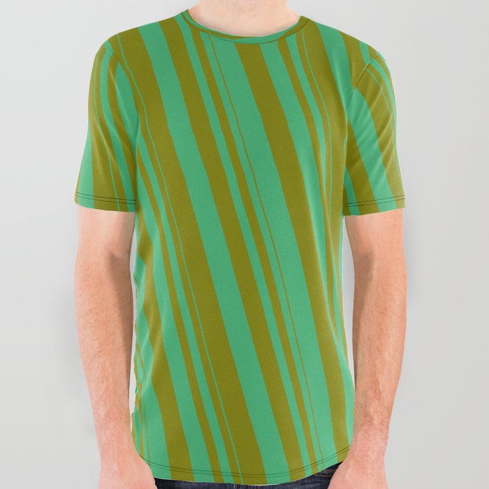 Sea Green & Green Colored Striped/Lined Pattern All Over Graphic Tee