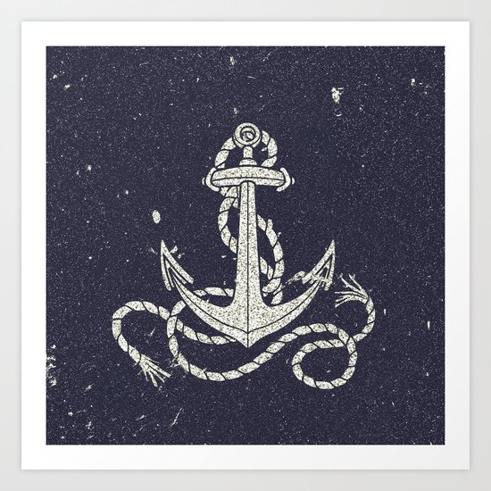 Navy Blue Nautical White Anchor for Sailor Texture Art Print