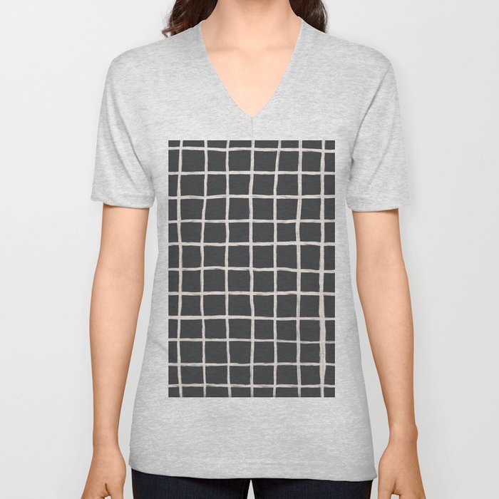 Charcoal Minimal Plaid Checks V Neck T Shirt