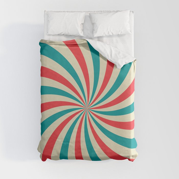 Retro background with curved, rays or stripes in the center. Rotating, spiral stripes. Sunburst or sun burst retro background. Turquoise and red colors. Vintage illustration Duvet Cover