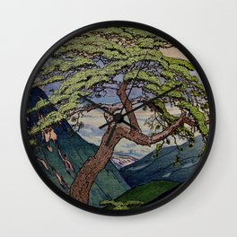 The Downwards Climbing - Summer Tree & Mountain Ukiyoe Nature Landscape in Green Wall Clock | Digital, Oil, Asian, Curated, Landscape, Summer, Green, Yellow, Clouds, Ukiyoe 