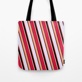 [ Thumbnail: Lavender, Brown, Crimson, and Black Colored Striped Pattern Tote Bag ]