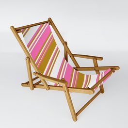 [ Thumbnail: Dark Goldenrod, White, and Hot Pink Colored Stripes/Lines Pattern Sling Chair ]