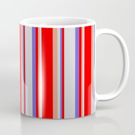 [ Thumbnail: Dark Salmon, Red, Slate Blue & Light Gray Colored Lines Pattern Coffee Mug ]