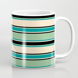 [ Thumbnail: Dark Sea Green, Dark Cyan, Bisque, and Black Colored Striped Pattern Coffee Mug ]