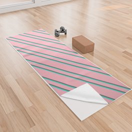 [ Thumbnail: Light Pink, Dim Gray & Turquoise Colored Stripes/Lines Pattern Yoga Towel ]