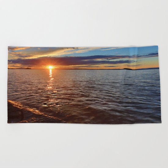 Sunset over the lake Beach Towel