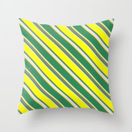 [ Thumbnail: Yellow, Gray, Sea Green, and Lavender Colored Striped Pattern Throw Pillow ]
