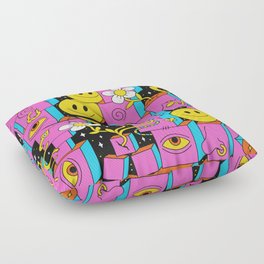 Pink Trippy Eye Blocks With White Flowers, Smileys and Mushrooms Floor Pillow