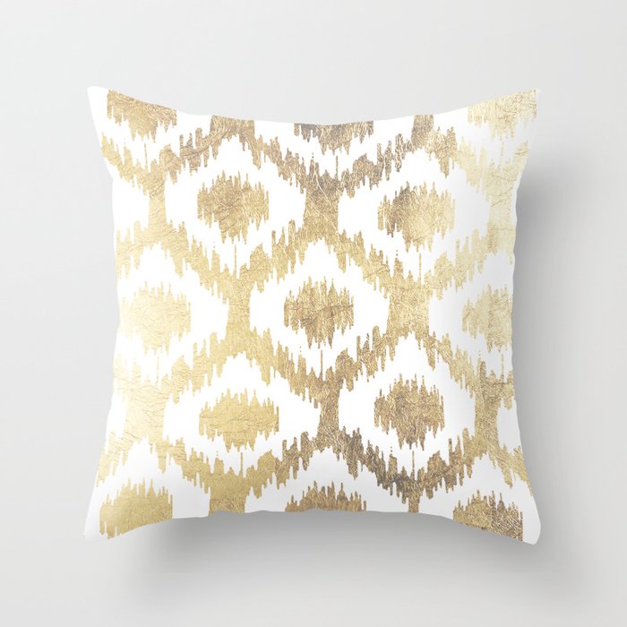 Modern white hand drawn ikat pattern faux gold Throw Pillow