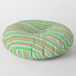 [ Thumbnail: Lime Green, Red, and Light Sky Blue Colored Striped Pattern Floor Pillow ]