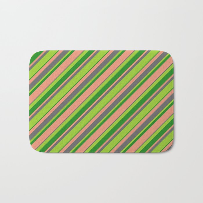Green, Forest Green, Dark Salmon, and Dim Gray Colored Striped/Lined Pattern Bath Mat
